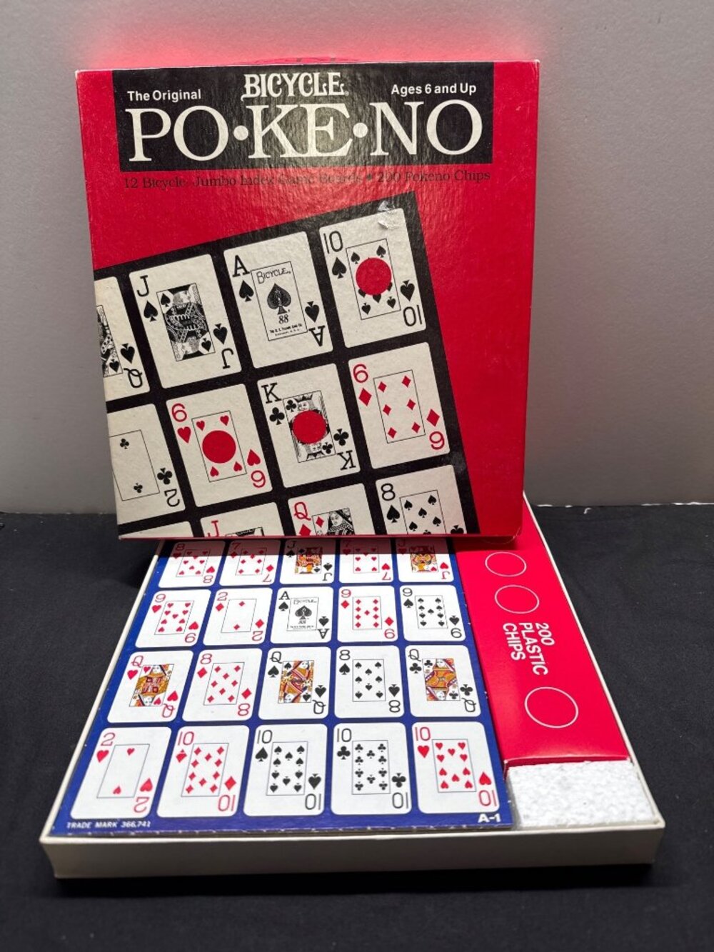 Bicycle Pokeno Card Game With 12 Jumbo Boards & 200 +/- Red Plastic Chips Ages 6